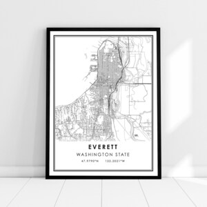 May include: A black and white map print of Everett, Washington State. The map shows the city streets and surrounding area. The text "EVERETT, WASHINGTON STATE" and the coordinates "47.9790°N 122.2021°W" are printed below the map.