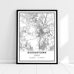 May include: Black and white map print of Georgetown, Texas. The map shows the city streets and landmarks. The text "GEORGETOWN TEXAS 30.6333°N 97.6780°W" is printed below the map.
