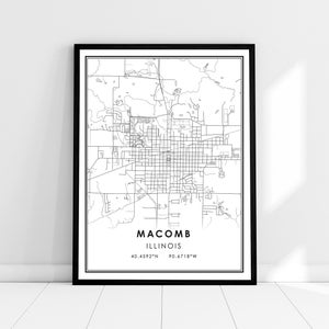 Carte Macomb imprimer poster canvas | Carte de l’Illinois imprimer une toile d’affiche | Macomb carte de la ville imprimer poster canvas