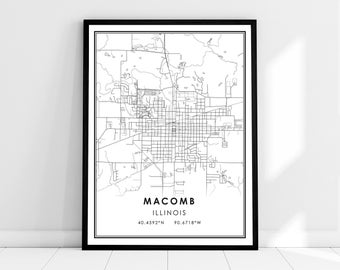 Carte Macomb imprimer poster canvas | Carte de l’Illinois imprimer une toile d’affiche | Macomb carte de la ville imprimer poster canvas