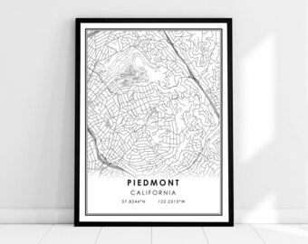 Piedmont map print poster canvas | California map print poster canvas | Piedmont city map print poster canvas