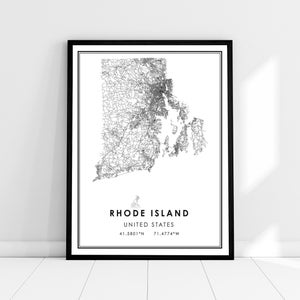 Rhode Island Carte des États-Unis imprimer poster canvas | Rhode Island Carte routière américaine imprimer poster canvas