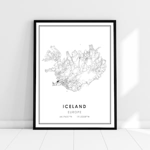 Carte du pays d’Islande imprimer poster canvas | Feuille de route de l’Islande imprimer une toile d’affiche