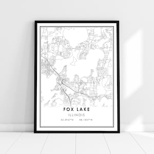 Fox Lake carte imprimer poster canvas | Carte de l’Illinois imprimer une toile d’affiche | Carte de la ville de Fox Lake imprimer poster canvas