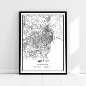 May include: Black and white map print of Mobile, Alabama. The map shows the city streets and surrounding area. The text "MOBILE ALABAMA 30.6954°N 88.0399°W" is at the bottom of the map.