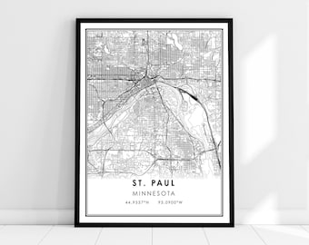 May include: Black and white line art map print of St. Paul, Minnesota. The map shows the city streets and major landmarks. The text "St. Paul, Minnesota" and the coordinates "44.9537°N 93.0900°W" are printed below the map.