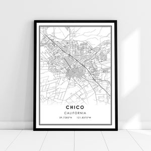 May include: Black and white line art map print of Chico, California. The map shows the city streets and includes the text "Chico, California, 39.7285°N, 121.8375°W".