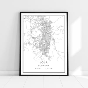 May include: Black and white line art map of Loja, Ecuador. The map shows the city streets and surrounding area. The text "Loja, Ecuador" and the coordinates "4.0079°S 79.2113°W" are printed below the map.