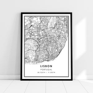 Carte de Lisbonne imprimer poster toile | Portugal carte imprimer poster toile | Carte de la ville de Lisbonne imprimer poster canvas