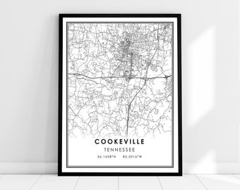 May include: Black and white map print of Cookeville, Tennessee with the city name and coordinates 36.1628°N 85.5016°W.