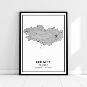 Toile d'affiche d'impression de carte de Bretagne | Toile d'affiche d'impression de carte de ville de Bretagne France