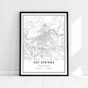 Hot Springs carte imprimer poster toile | Carte de l’Arkansas imprimer une toile d’affiche | Hot Springs carte de la ville imprimer poster canvas