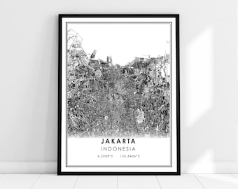 Carte de Jakarta imprimer poster canvas | Carte de l’Indonésie imprimer poster canvas | Carte de la ville de Jakarta imprimer poster canvas