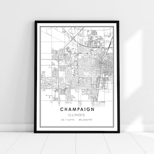 Champaign carte imprimer poster toile | Carte de l’Illinois imprimer une toile d’affiche | Carte de la ville de Champaign imprimer poster canvas