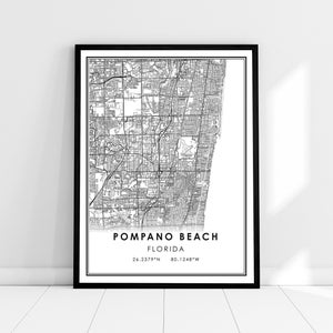 Pompano Beach carte imprimer poster toile | Carte de Floride imprimer poster canvas | Pompano Beach carte de la ville imprimer poster canvas