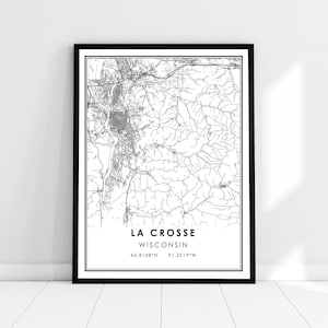 La Crosse carte imprimer poster toile | Carte du Wisconsin imprimer l’affiche | La Crosse carte de la ville imprimer poster canvas