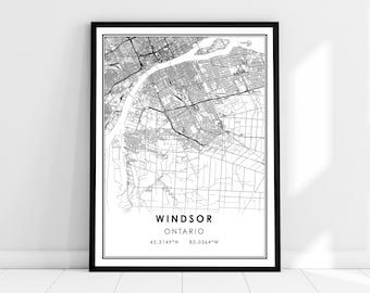 Puede incluir: Impresión de mapa en blanco y negro de Windsor, Ontario con el nombre de la ciudad y las coordenadas impresas en la parte inferior.