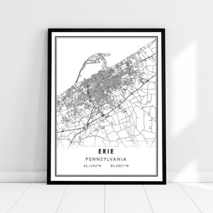 Carte d’Érié imprimer la toile d’affiche | Carte de Pennsylvanie imprimer poster canvas | Carte de la ville d’Érié imprimer la toile de l’affiche