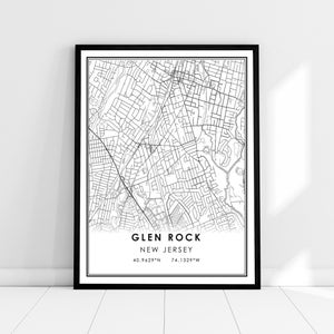 Glen Rock carte imprimer poster toile | Carte du New Jersey imprimer poster canvas | Plan de la ville de Glen Rock imprimer poster canvas