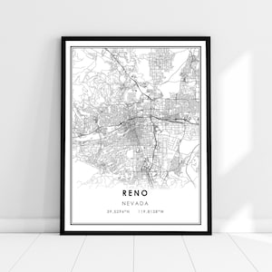 Carte Reno imprimer affiche toile | | d’affiche de carte de rue du Nevada Carte de la ville de Reno imprimer poster canvas