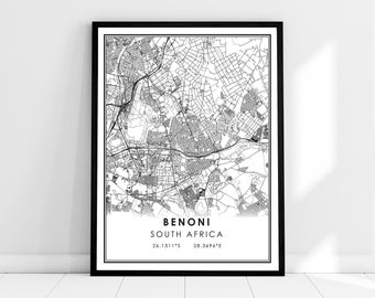 Benoni map print poster canvas | South Africa map print poster canvas | Benoni city map print poster canvas
