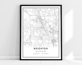 May include: Black and white map print of Brighton, Michigan with the city name and coordinates printed at the bottom.