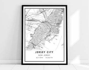 May include: Black and white line art map print of Jersey City, New Jersey. The print includes the city name, state, and coordinates: 40.7178°N 74.0431°W.