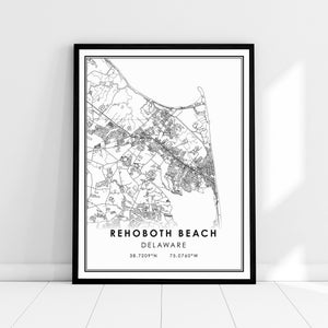 Rehoboth Beach Delaware carte imprimer poster toile |  Carte du Delaware imprimer l’affiche | Rehoboth Beach Delaware carte de la ville imprimer poster canvas