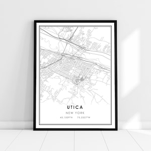 Toile d'affiche d'impression de carte d'Utica | Toile d'affiche d'impression de carte d'Utica New York | Toile d'affiche d'impression de carte de ville d'Utica