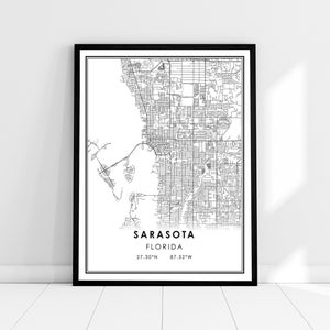 Sarasota carte imprimer poster toile | Carte de Floride imprimer poster canvas | Carte de la ville de Sarasota imprimer poster canvas