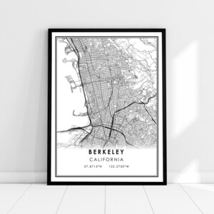 May include: Black and white map print of Berkeley, California with the city name and coordinates: 37.8715°N 122.2730°W. The map shows the streets and roads of the city.