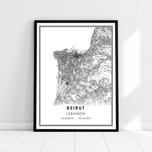 Carte de Beyrouth imprimer poster toile | Carte du Liban imprimer poster canvas | Carte de la ville de Beyrouth imprimer poster canvas