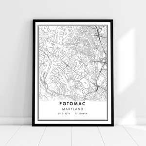 May include: Black and white map print of Potomac, Maryland with the city name and coordinates in the bottom right corner.