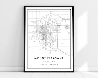 May include: Black and white line art map of Mount Pleasant, Michigan. The map shows the city streets and surrounding area. The text "Mount Pleasant, Michigan" and the coordinates "43.5978°N 84.7675°W" are printed below the map.