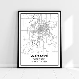 Watertown map print poster canvas | Wisconsin map print poster canvas | Watertown city map print poster canvas