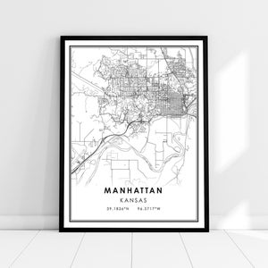 Carte de Manhattan imprimer poster canvas | Carte du Kansas imprimer l’affiche toile | Carte de la ville de Manhattan imprimer poster canvas