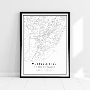 May include: Black and white line art map print of Murrells Inlet, South Carolina. The map shows the streets and waterways of the town. The text "Murrells Inlet, South Carolina" and the coordinates "33.5510°N 79.0414°W" are printed below the map.