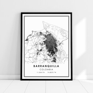 May include: Black and white map print of Barranquilla, Colombia. The map shows the city's streets and landmarks. The text "Barranquilla, Colombia 11.0041°N 74.8070°W" is printed below the map.