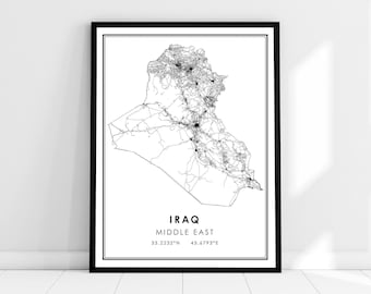 Iraq map print poster canvas | Iraq Middle East print poster map | Iraq road map print poster canvas