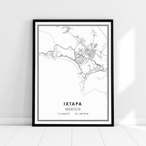 May include: A black and white line art map of Ixtapa, Mexico. The map shows the city's streets, coastline, and surrounding area. The text "IXTAPA MEXICO 17.6626°N 101.5873°W" is printed below the map.