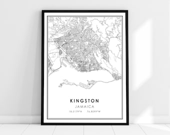 Può includere: Stampa di mappa di arte di linea in bianco e nero di Kingston, Giamaica. La mappa mostra le strade, le vie d'acqua e i punti di riferimento della città. Il testo "KINGSTON, JAMAICA, 18.0179°N, 76.8099°W" è stampato sotto la mappa.