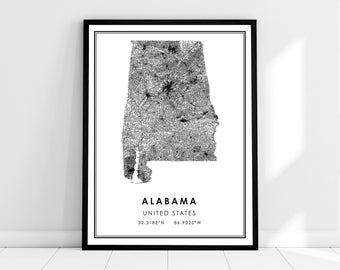 Alabama map print poster canvas | United States road map print poster canvas | Alabama city map print poster canvas