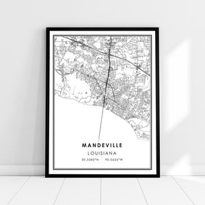 Carte de Mandeville imprimer poster canvas | Carte de louisiane imprimer poster canvas | Plan de la ville de Mandeville imprimer poster canvas