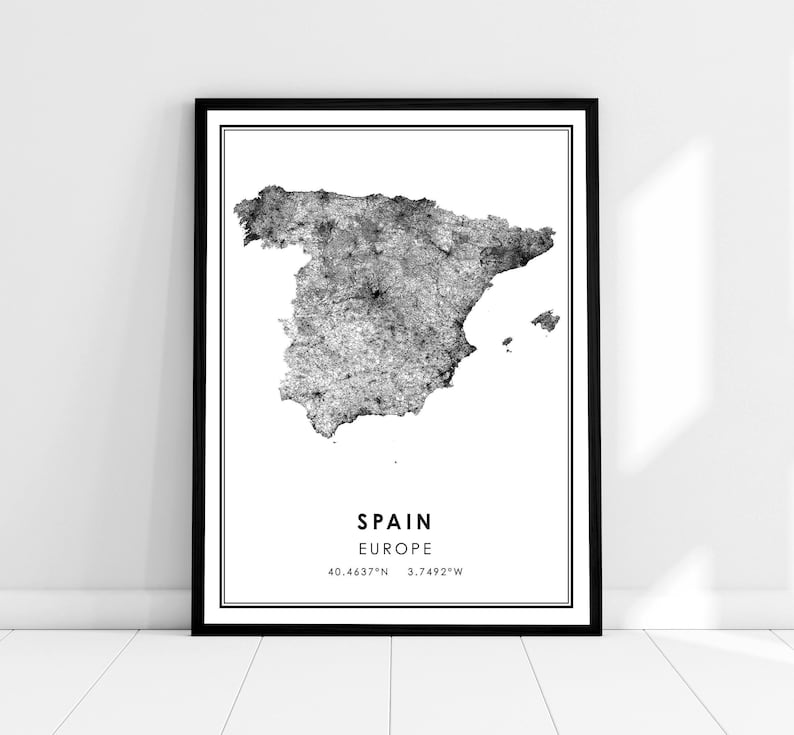 May include: Black and white print of a map of Spain, with the text "SPAIN EUROPE 40.4637&deg;N 3.7492&deg;W" below the map.