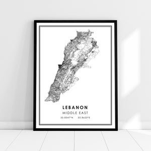 Carte du pays du Liban imprimer poster canvas | Liban Feuille de route du pays imprimer une toile d’affiche