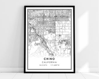 Chino mapa imprimir póster lienzo / Chino California Mapa de la calle / Chino mapa de la ciudad imprimir póster lienzo