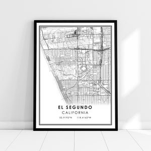 May include: Black and white line art map print of El Segundo, California. The map shows the city streets and landmarks. The text "El Segundo, California" and the coordinates "33.9192°N 118.4165°W" are printed below the map.