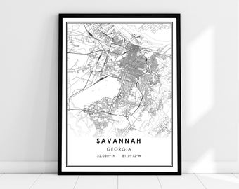 May include: Black and white line art map print of Savannah, Georgia. The print features the city's streets and waterways. The text "Savannah, Georgia, 32.0809°N, 81.0912°W" is printed at the bottom of the map.
