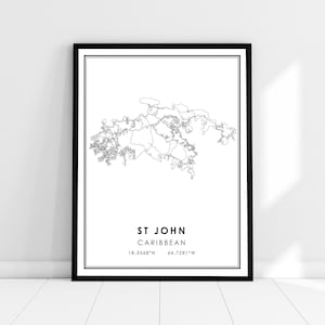 May include: A black and white line art print of the island of St. John in the Caribbean. The print includes the name of the island, "St. John", and the coordinates "18.3368°N 64.7281°W".