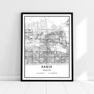 May include: Black and white map print of Eagle, Idaho. The map shows the city streets and includes the coordinates 43.6954°N 116.3540°W.